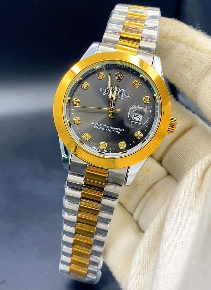 Luxury Black Rolex Date Style Watch – Elegant Diamond Markers & Stainless Steel Band