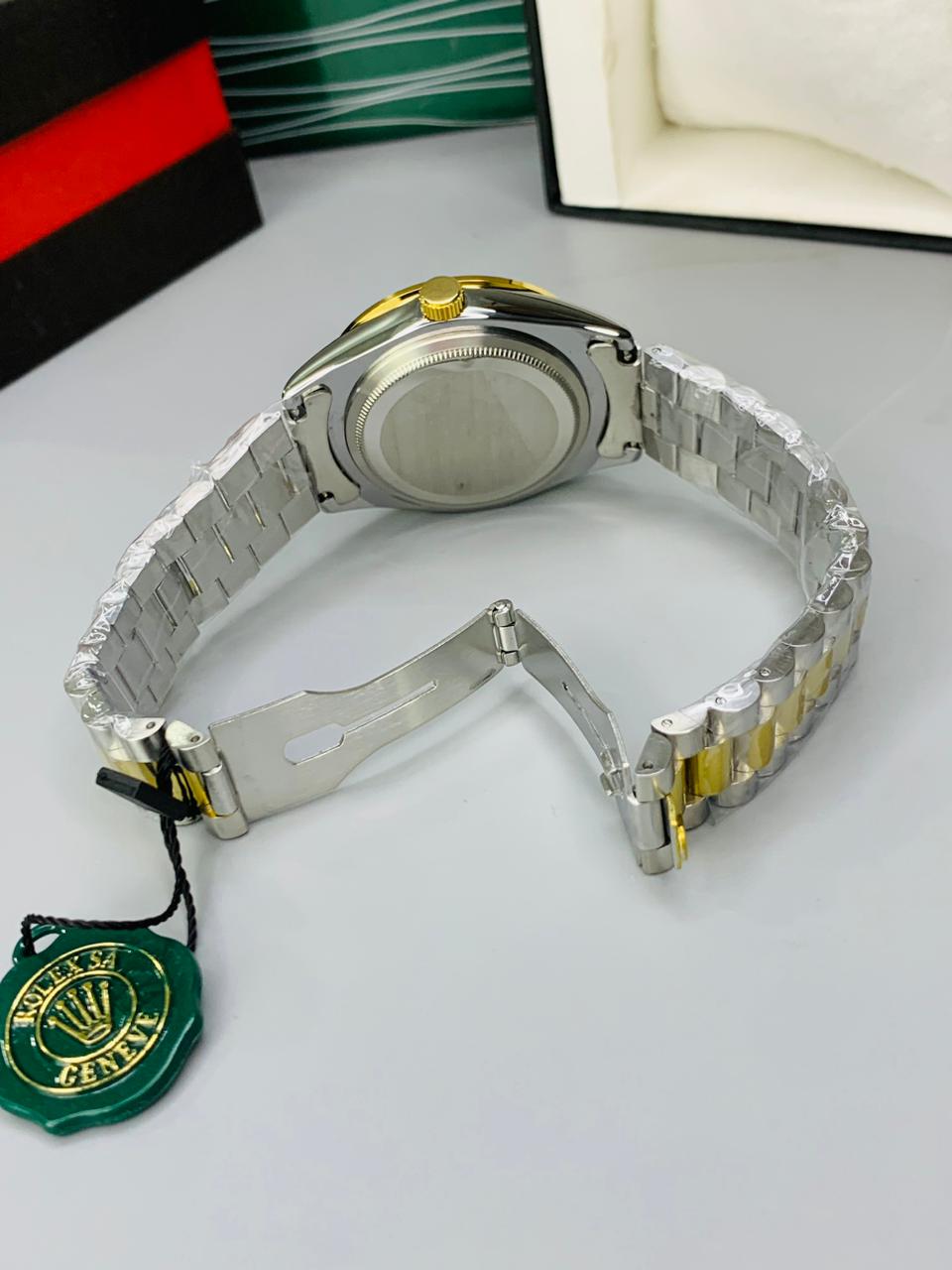 Gold & Green Dial Rolex Date Style Watch – Elegant Diamond Markers & Stainless Steel Band