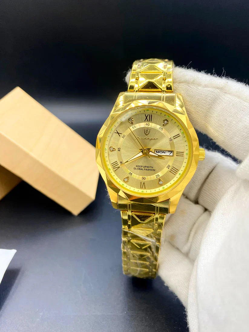 Luxury Stainless Steel Men's Watch – Roman Numerals, Day & Date Display