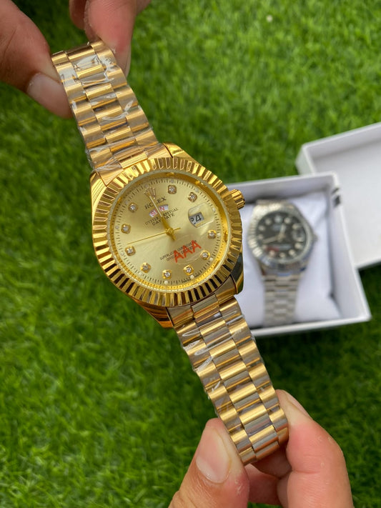 Luxury Gold Rolex Day-Date Style Watch – Elegant Diamond Markers & Stainless Steel Band