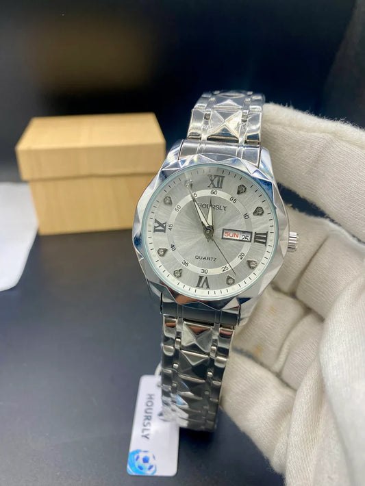 Luxury Silver & Black Watch with Day & Date Display