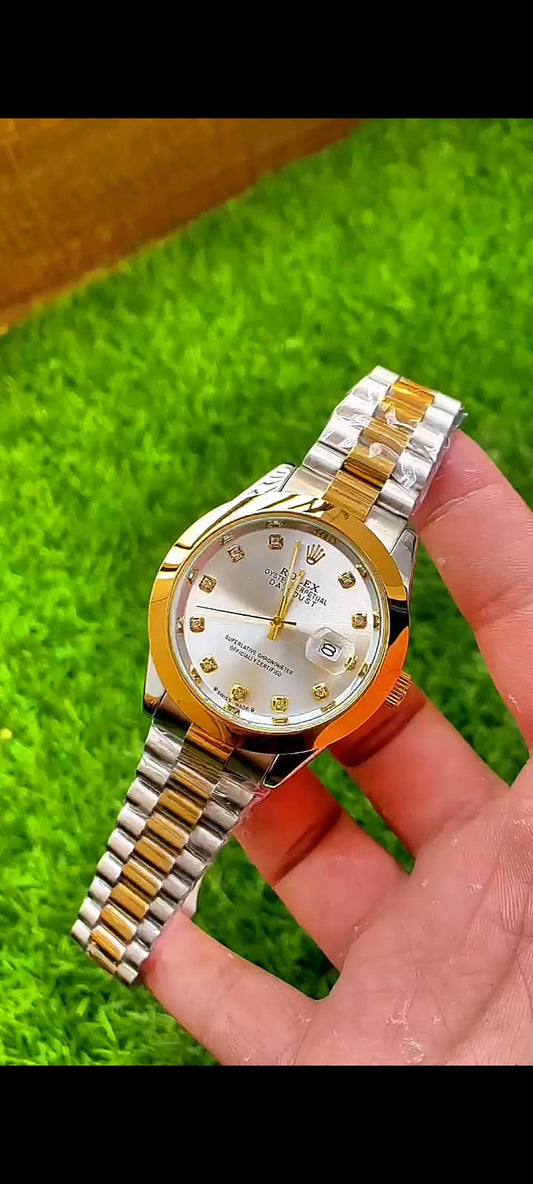 Luxury Gold Rolex Date Style Watch – Elegant Diamond Markers & Stainless Steel Band