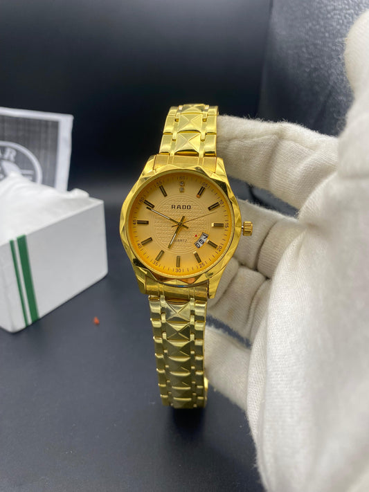 Men's Luxury Diamond-Cut Bracelet Watch – Gold,| Rado Inspired Quartz Timepiece