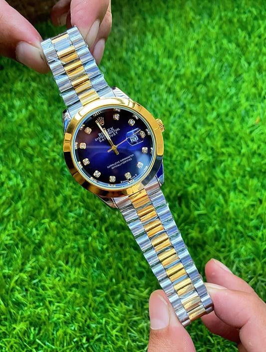 Luxury Blue & Green  Rolex Date Style Watch – Elegant Diamond Markers & Stainless Steel Band