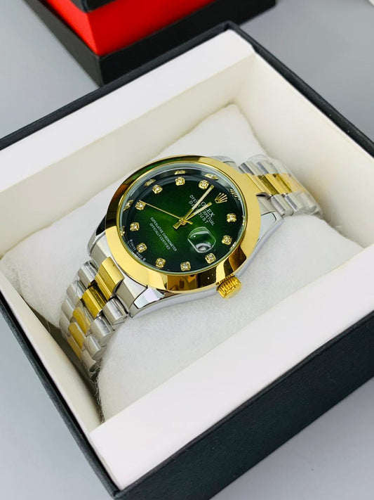 Luxury  Green Rolex Date Style Watch – Elegant Diamond Markers & Stainless Steel Band