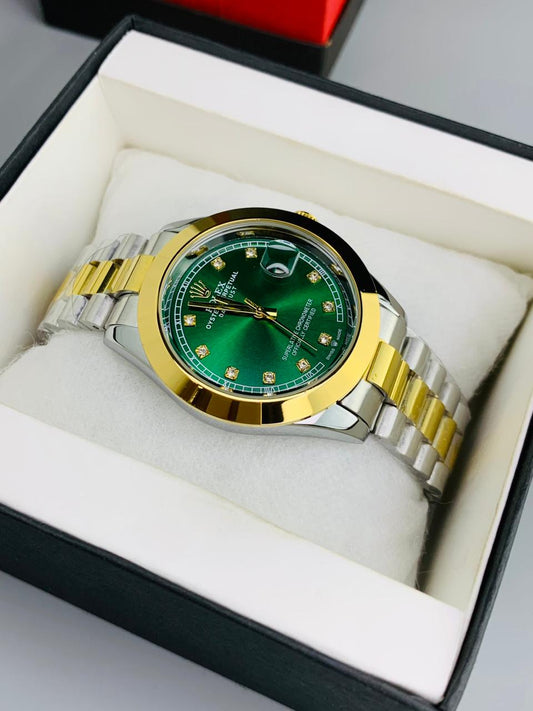 Gold & Green  Dial Rolex Date Style Watch – Elegant Diamond Markers & Stainless Steel Band