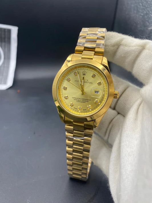 Luxury Gold  Rolex date Style Watch – Elegant Diamond Markers & Stainless Steel Band