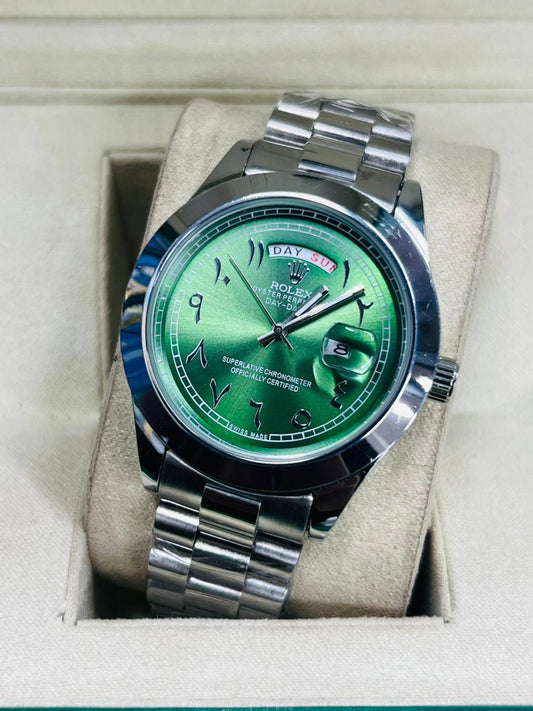 Luxury ARBIC DIAL BLUE & GREEN Rolex date  & DAYS Style Watch – Elegant Diamond Markers & Stainless Steel Band