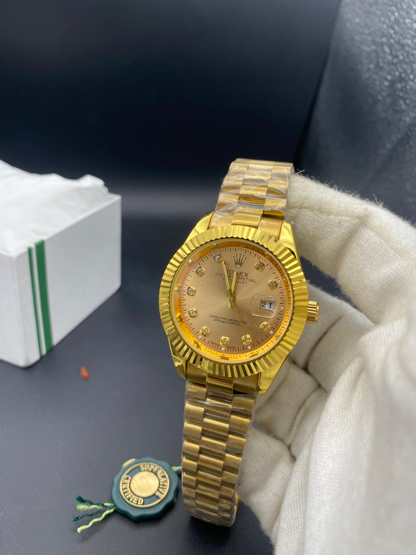 Luxury Black Rolex Date Style Watch – Elegant Diamond Markers & Stainless Steel Band