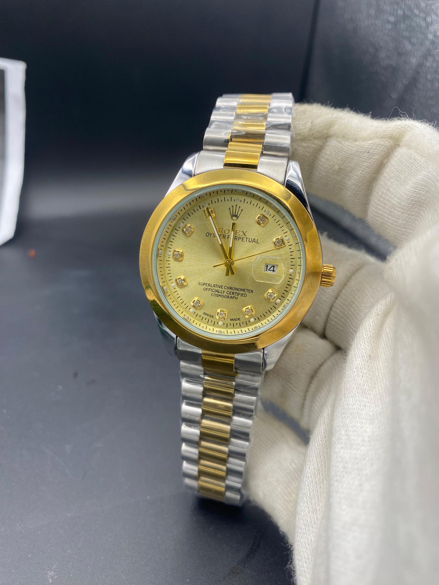 Luxury Gold & White  Rolex Date Style Watch – Elegant Diamond Markers & Stainless Steel Band