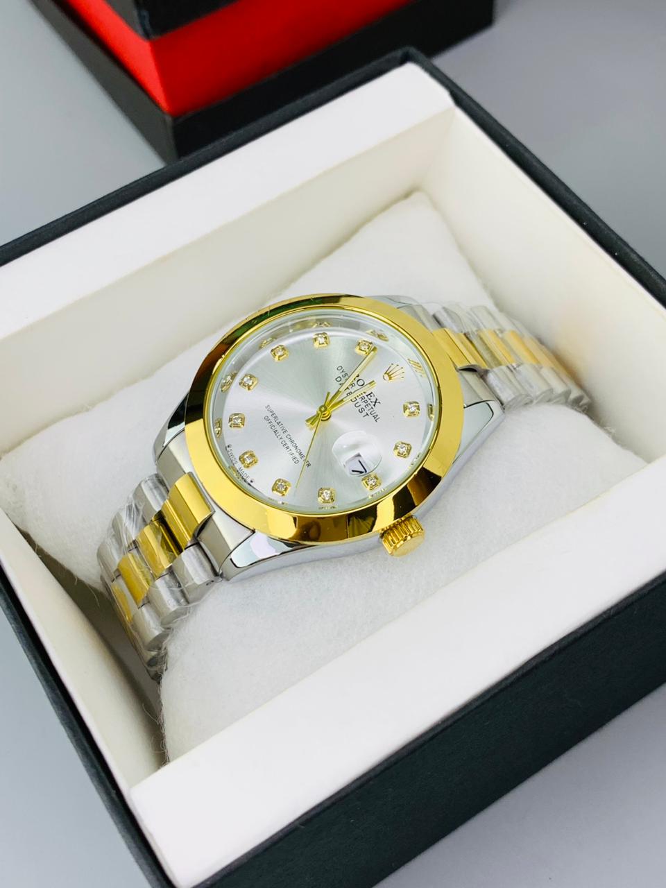 Luxury Gold, White & Green  Rolex Date Style Watch – Elegant Diamond Markers & Stainless Steel Band