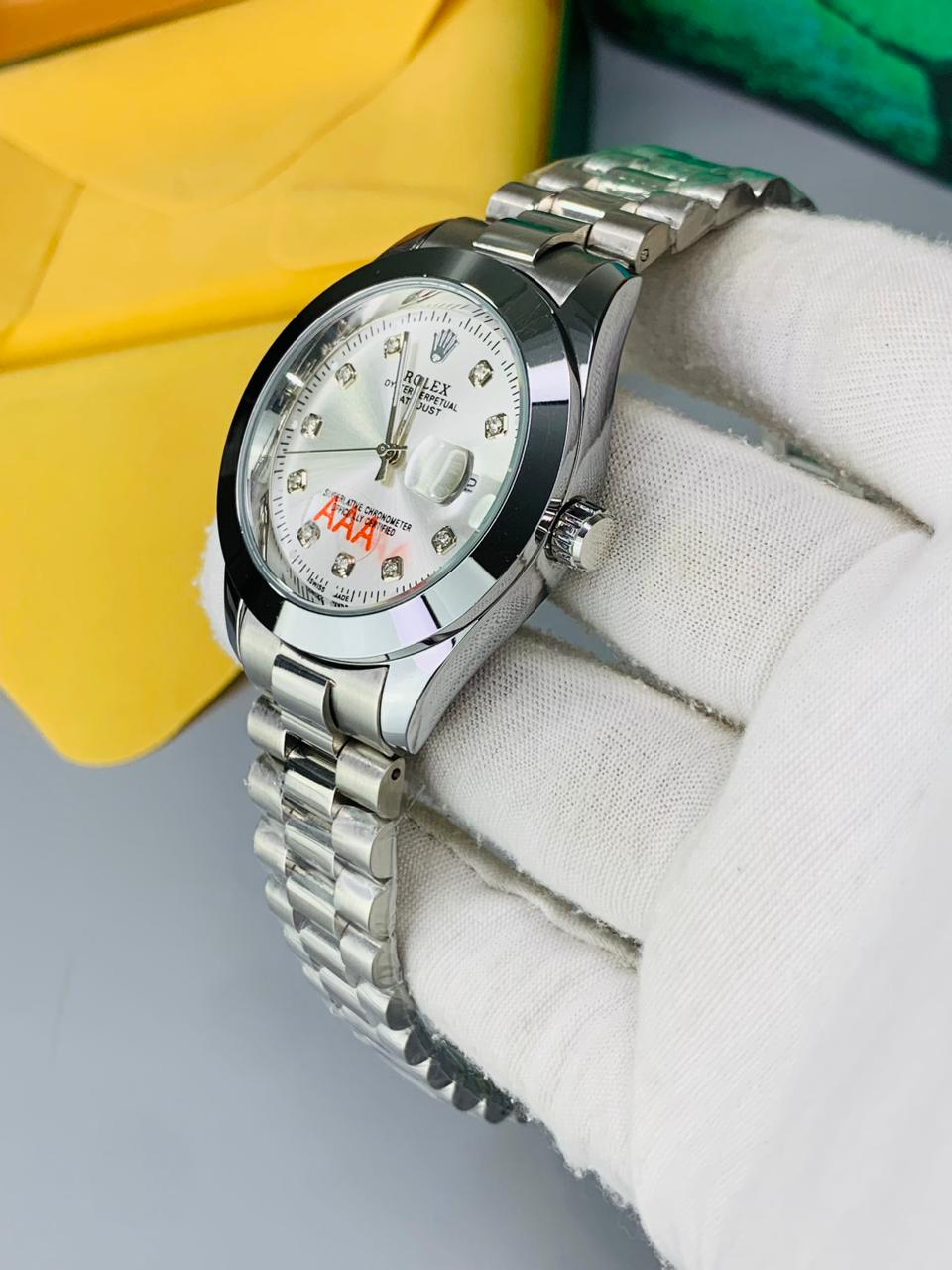 Luxury Silver  Dial Rolex Date Style Watch – Elegant Diamond Markers & Stainless Steel Band