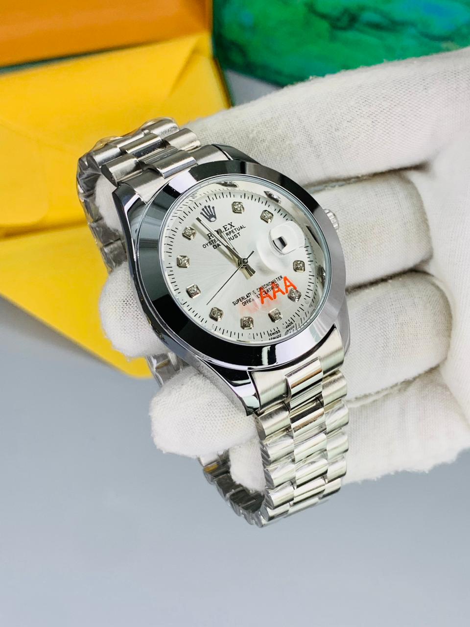 Luxury Silver  Dial Rolex Date Style Watch – Elegant Diamond Markers & Stainless Steel Band