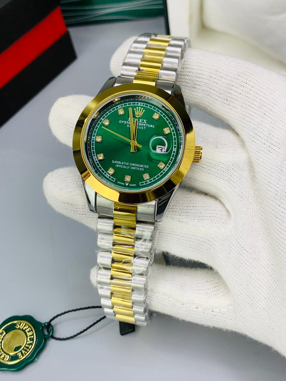 Gold & Green  Dial Rolex Date Style Watch – Elegant Diamond Markers & Stainless Steel Band