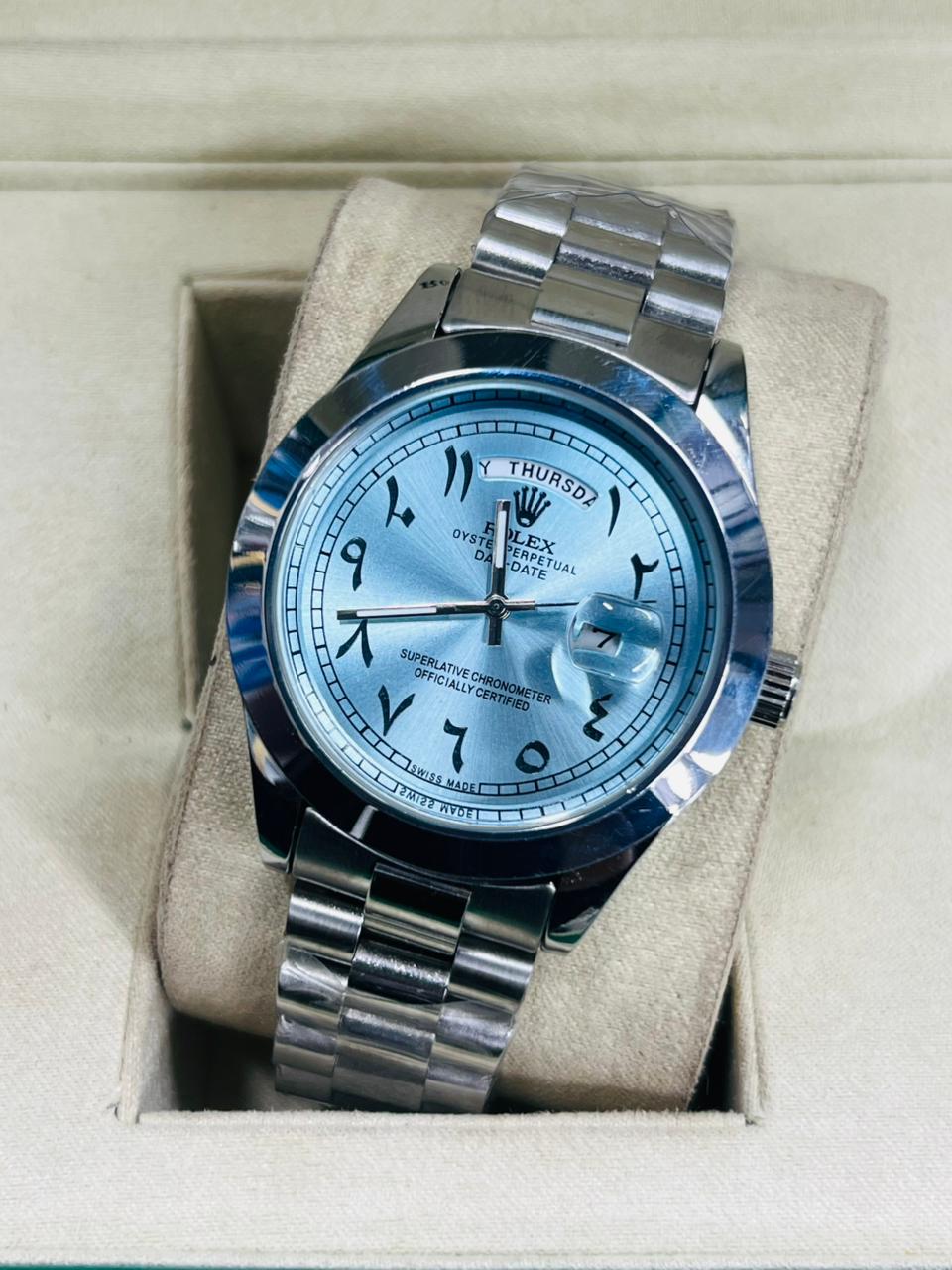 Luxury ARBIC DIAL BLUE & GREEN Rolex date  & DAYS Style Watch – Elegant Diamond Markers & Stainless Steel Band