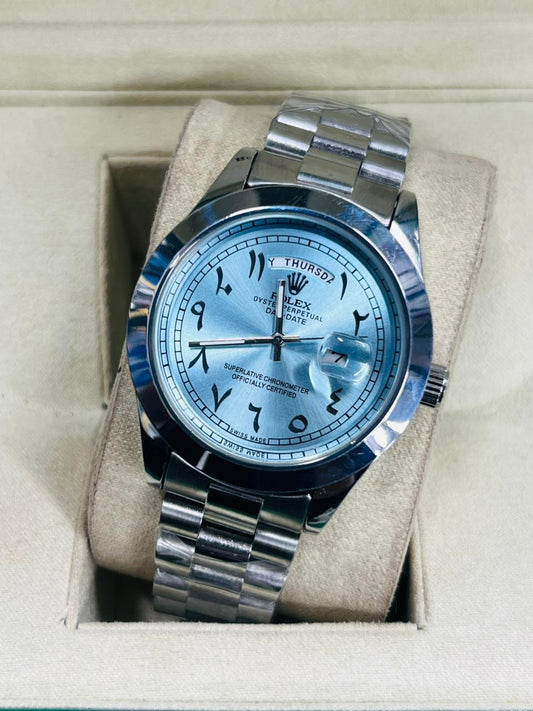 Luxury ARBIC DIAL BLUE & GREEN Rolex date  & DAYS Style Watch – Elegant Diamond Markers & Stainless Steel Band