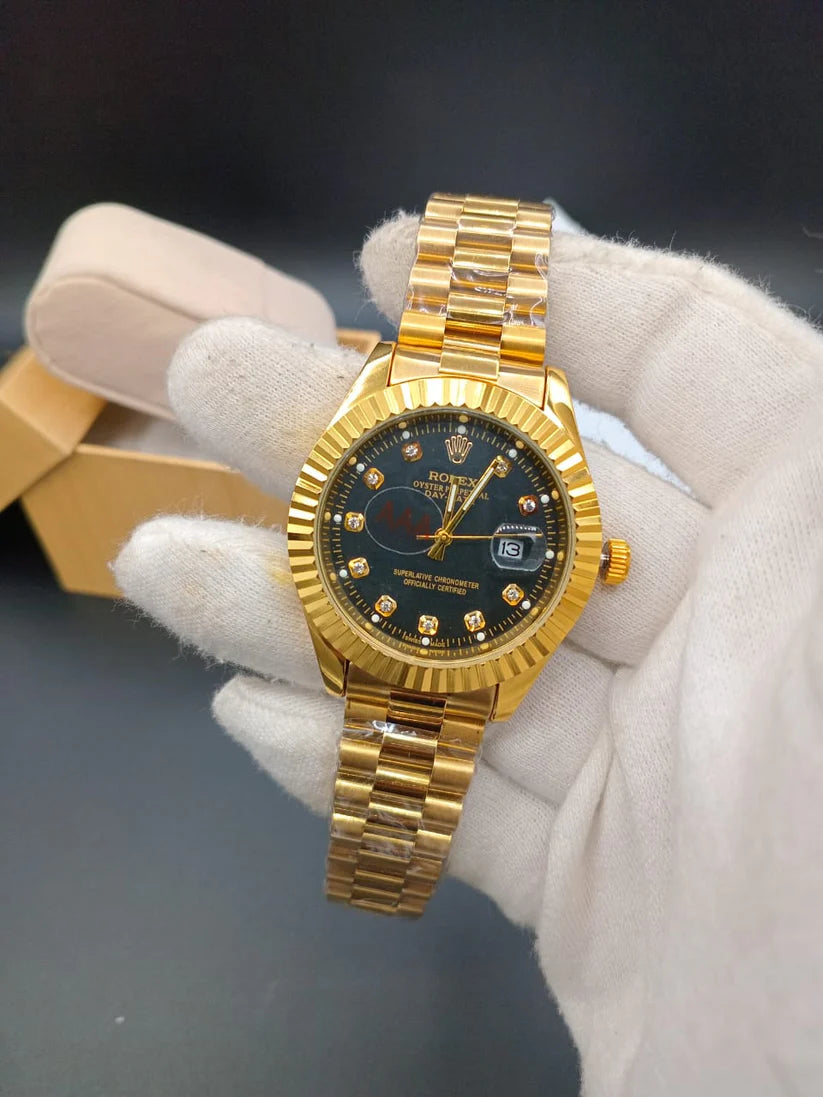 Luxury Black Rolex Date Style Watch – Elegant Diamond Markers & Stainless Steel Band