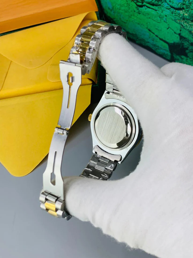 Luxury Gold, White & Green  Rolex Date Style Watch – Elegant Diamond Markers & Stainless Steel Band