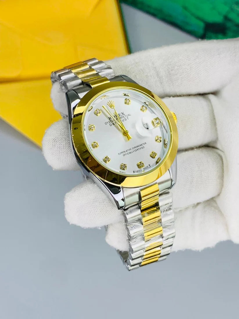 Luxury Gold & White  Rolex Date Style Watch – Elegant Diamond Markers & Stainless Steel Band